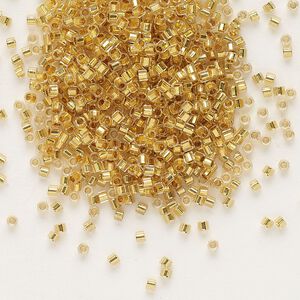 Seed bead, Delica&reg;, glass, pkg/4g, #11 cut, transparent 24Kt gold-lined crystal gold (DBC-0033).