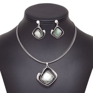 Necklace and earring set, multi-strand, black lip shell (natural) / stainless steel / antique silver-plated brass / steel / "pewter" (zinc-based alloy), 40x38mm diamond, 15" to 16" strand necklace with 2-inch extender chain and lobster claw clasp, 38mm earrings with post. Sold per set.