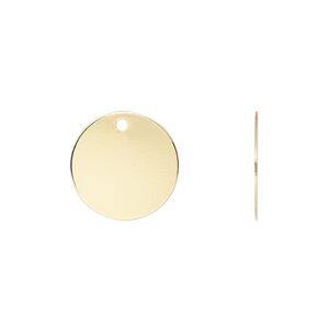 Drop, gold-plated brass, 15mm flat round. Sold per pkg of 500.