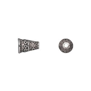 Cone, antique silver-plated "pewter" (zinc-based alloy), 10x7mm fancy, 5mm inside diameter. Sold per pkg of 50.