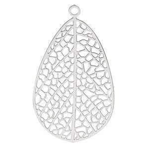 Focal, Lazer Lace&trade;, stainless steel, 36.5x23mm double-sided leaf. Sold per pkg of 2.