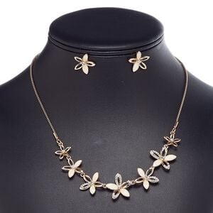 Necklace and earring set, Everyday Jewelry, crystals / enamel / rose gold-finished steel / brass / "pewter" (zinc-based alloy), white and crystal clear, 13mm-19x18mm flower, 18-inch necklace with 2-inch extender chain and lobster claw clasp, 17x16mm flower with post. Sold per set.