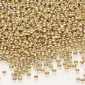 Seed bead, Dyna-Mites&trade;, glass, pkg/1/2kg, #11 round, opaque 24Kt gold-plated, (570 11/0 RR).