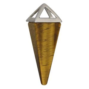 Tigereye / "pewter" (zinc-based alloy) 1pkg1, imitation rhodium-finished hand-cut 4-sided point focal natural 36x15mm-42x15mm