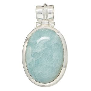 Pendant, aquamarine (natural) and sterling silver, 40x30mm oval. Sold individually.