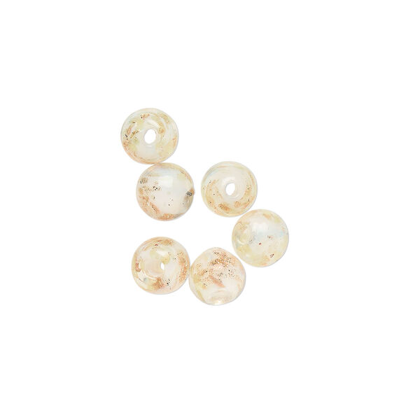 Bead, lampworked glass, clear /opaque white/ glow-in-the-dark / gold, 6mm round. Sold per pkg of 6. image number 0