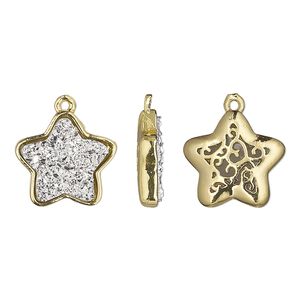 Drop, Druzylite&trade;, "druzy" (resin) and gold-finished brass, silver, 15x14mm two-sided star with open filigree back. Sold per pkg of 4.
