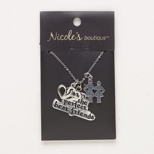 Necklace, antique silver-finished "pewter" (zinc-based alloy) and steel, 33x20mm double heart and two sisters with "sisters are the perfect best friends," 24 inches with 2-inch extender chain and lobster claw clasp. Sold individually.