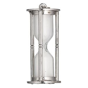 Focal, Charmed, sand / glass / antique silver-finished steel / "pewter" (zinc based alloy), clear and white, 51x23mm hourglass. Sold individually.