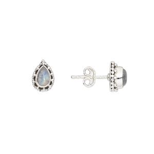 Earstud, rainbow moonstone (natural) and antiqued sterling silver, 9mm with 6x4mm teardrop and post. Sold per pair.