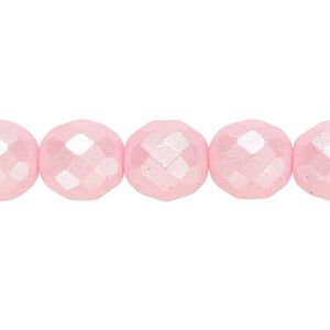 Bead, Czech fire-polished dipped d&eacute;cor glass, pkg/15-1/2 to 16 inches, 12mm faceted round, opaque pearlescent light pink, (00030-02373).