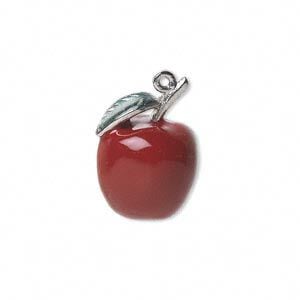 Charm, silver-plated "pewter" (zinc-based alloy) and enamel, red and green, 21.5x16mm 3D apple with leaves. Sold individually.