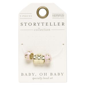 Bead mix 1pkg3 gold-finished "pewter", 11x8mm rondelle / 13x12mm heart / footprints, light pink enamel