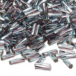 Bead, Miyuki, bugle bead, glass, pkg/50 g, 6x2mm center-drilled twisted, silver-lined translucent aquamarine blue/plum (TW-3938).