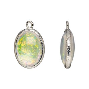 Drop, Opalized Ice&trade;, "opal" (resin) and imitation rhodium-finished brass, opaque white, 20x15mm double-sided oval. Sold per pkg of 4.