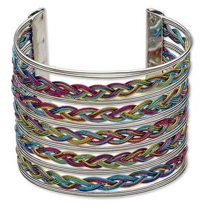 Bracelet, cuff, antique silver-plated steel, multicolored, 57mm wide with weave pattern, 7 inches. Sold individually.