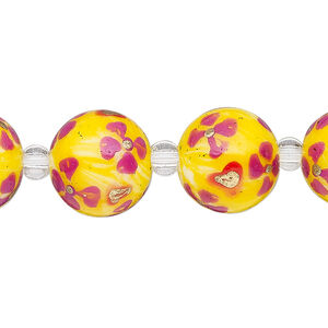 Bead, glass 1pkg8, yellow / red / gold, 14mm round with hand-painted flower.