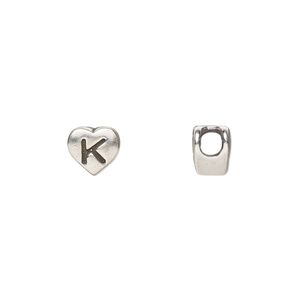 Bead 1pkg1 sterling silver, 7.5x7mm heart / letter K, antiqued Dione&reg;
