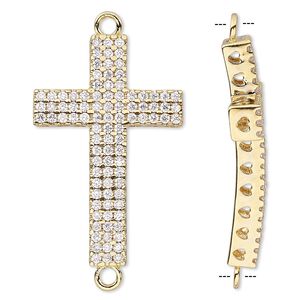 Focal, glass rhinestone and gold-finished brass, clear, 42x22mm single-sided curved cross with heart cutouts. Sold individually.