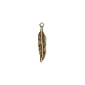 Charm, antique gold-plated brass, 18x4mm single-sided feather. Sold per pkg of 100.