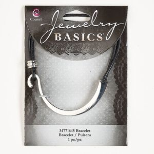 Bracelet, silver-finished brass and leatherette, black, 10mm wide, 7 inches with hook clasp. Sold individually.