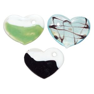Random focal mix, lampworked glass, translucent mixed colors, 43x35mm-50x40mm flat heart with copper-colored glitter and silver-colored foil. Sold per pkg of 3.