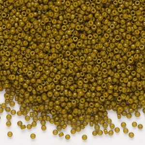 Seed bead, Miyuki, glass, pkg/35g, #15 rocaille, Duracoat&reg; opaque outside dyed Spanish olive (RR-4491).