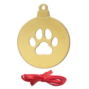 Ornament, ImpressArt&reg;, brass and polyester, 2-1/2 x2 inch ball with cutout paw print with ribbon. Sold per pkg of 2.