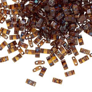 Seed bead, TILA&reg;, glass, pkg/10g, 5x2.3mm half tila rectangle, translucent Picasso amber brown, (HTL-4502).