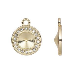 Drop, Almost Instant Jewelry&reg;, cubic zirconia and gold-finished "pewter" (zinc-based alloy), clear, 16mm single-sided round with SS39 rivoli glue-in setting. Sold per pkg of 2.