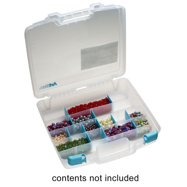 Organizer, ArtBin&reg; tarnish inhibitor 1pkg1, polypropylene, clear and blue, 15-1/2 x 15 x 3-1/2 inches, organizer box with 18 moveable dividers, removable tray and bead board. image number 1