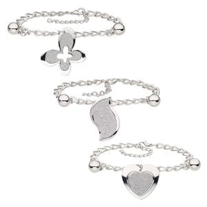 Bracelet, glitter paper / silver-coated plastic / imitation rhodium-plated steel, 30x29mm heart / 36x23mm curve / 36x30mm butterfly, 7-1/2 inches with 2-inch extender chain and lobster claw clasp. Sold per pkg of 3.