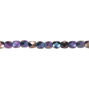Bead, Czech fire-polished glass, iris purple, 4mm faceted round. Sold per pkg of 1,200 (1 mass).