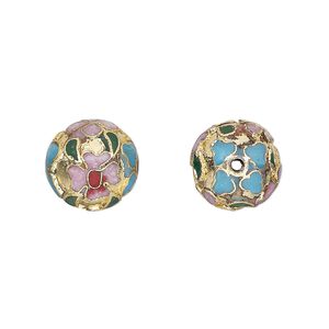 Bead 1pkg10 gold-finished, 12mm cloisonn&eacute; round / flower, copper / enamel