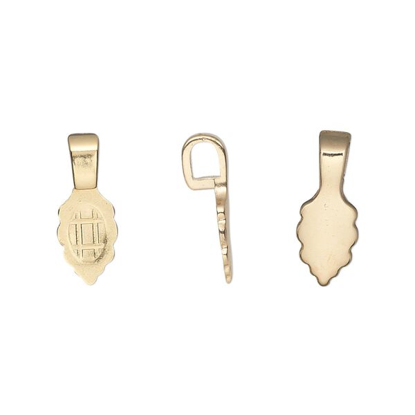 Bail, Aanraku&reg;, glue-on, gold-plated "pewter" (zinc-based alloy), 16x5.5mm with 9x5.5mm leaf flat base. Sold per pkg of 5. image number 0