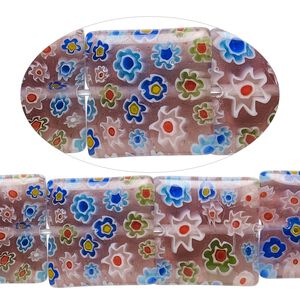 Bead, millefiori glass, transparent multicolored, 15-16mm puffed square with 0.6-0.8mm hole. Sold per 15-inch strand.