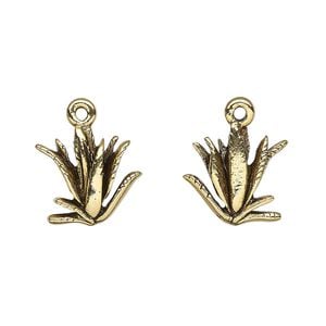 Charm, antique gold-plated pewter (tin-based alloy), 14.5x14mm double-sided aloe. Sold per pkg of 2.