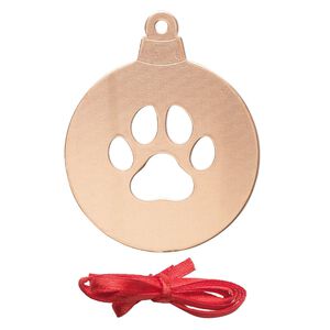 Ornament, ImpressArt&reg;, copper and polyester, 2-1/2 x2 inch ball with cutout paw print with ribbon. Sold per pkg of 2.