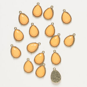 Drop 1pkg16, antique gold-finished metal and acrylic, neon orange, 24x15mm-25x16mm teardrop.