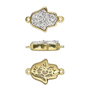 Link, Druzylite&trade;, "druzy" (resin) and gold-finished brass, silver, 14x12.5mm two-sided Hamsa hand with open filigree back. Sold per pkg of 4.