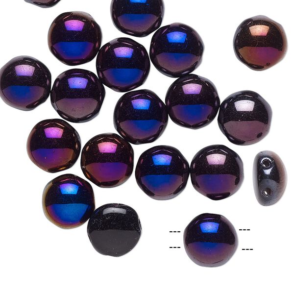 Bead, Preciosa Candy&trade;, Czech pressed glass, opaque black with half-coat iris violet red, 8mm candy with (2) 0.8-0.9mm holes. Sold per pkg of 20. image number 0