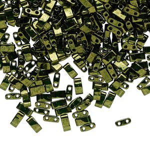 Seed bead, TILA&reg;, glass, pkg/40g, 5x2.3mm half tila rectangle, translucent luster olive green, (HTL-306).