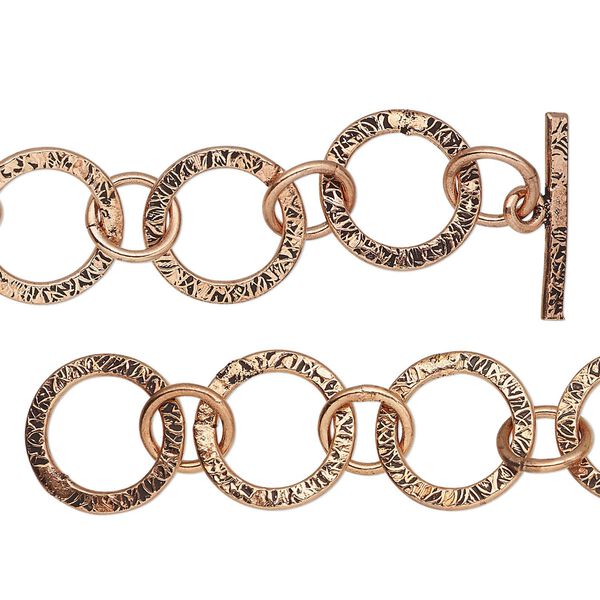 Chain 1pkg1 link, 15mm textured round / toggle clasp, antiqued copper 36 inch image number 0