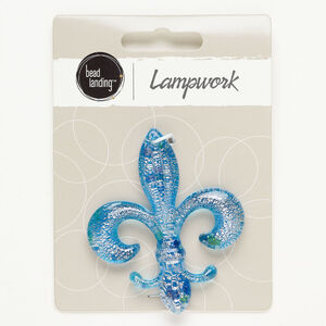 Focal, lampworked glass, opaque and translucent aqua blue / dark blue / green, 60x49mm fleur-de-lis with silver-colored foil. Sold individually.