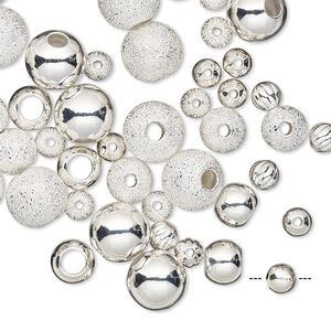 Bead mix 1pkg50 silver-plated, 4-8mm round smooth / corrugated / stardust, brass