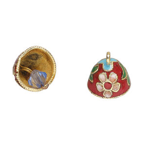 Bell, cloisonn&eacute; 1pkg2, gold-finished brass and enamel, red and multicolored, 12x10mm bell with flower and bead clapper.