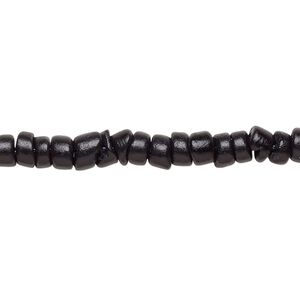 Bead, wood (dyed), black, 5x1.5mm-6x3.5mm hand-cut rondelle with 0.9mm hole. Sold per pkg of (2) 15-1/2" to 16" strands.