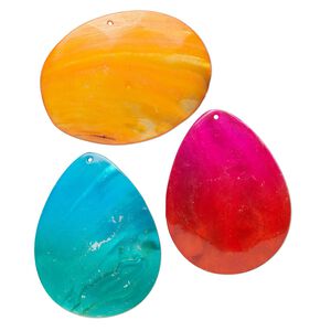 Focal mix, blister shell (coated), mixed colors, 3x2-1/2 inch teardrop and oval, Mohs hardness 3-1/2. Sold per pkg of 3.