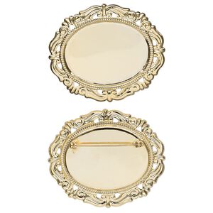 Pin back 1pkg1 gold-plated, 55x46mm oval / filigree / 40x30mm oval setting, brass