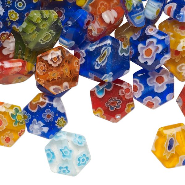 Bead mix, millefiori glass, translucent and transparent multicolored, 9-11mm puffed hexagon. Sold per 2oz pkg, approximately 90 beads. image number 0